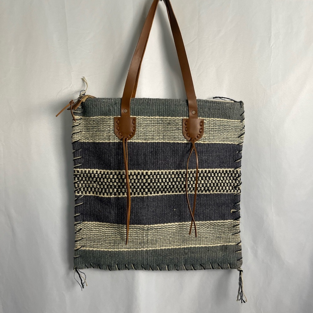 Woven Stripe Canvas Tote with Leather Handles - Lt Blue and Dk Blue 18 X 18